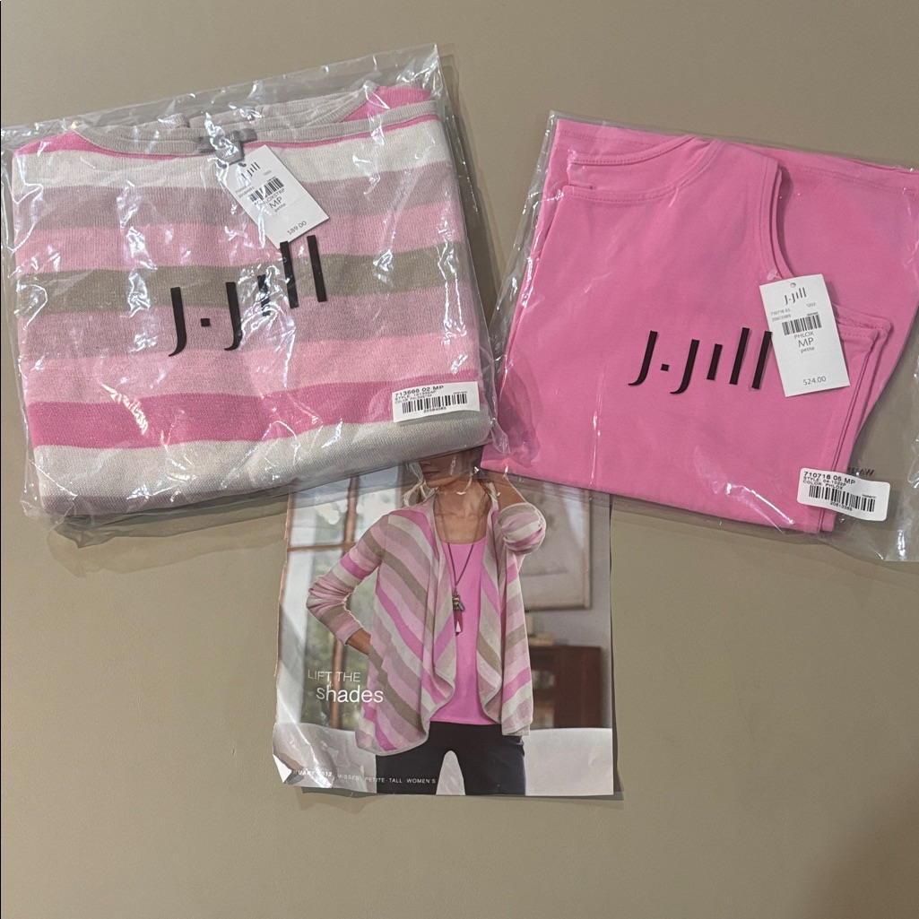 J. Jill Pink And Gray Striped Cardigan Set With Pink Tank Size Mp Nwt